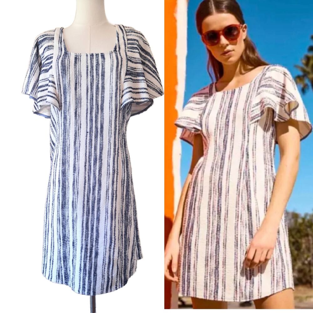Anthropologie Akemi Kin Medium Ruffle Sleeve Blue White Stripe Tunic Mini Dress